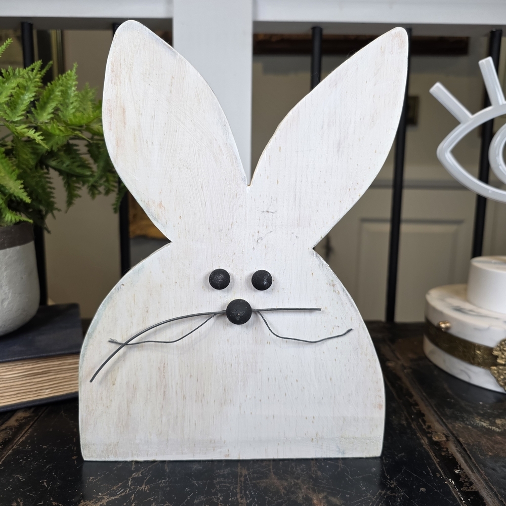 Chunky Wooden Bunny Silhouette | Distressed White Farmhouse Easter Shelf Sitter
